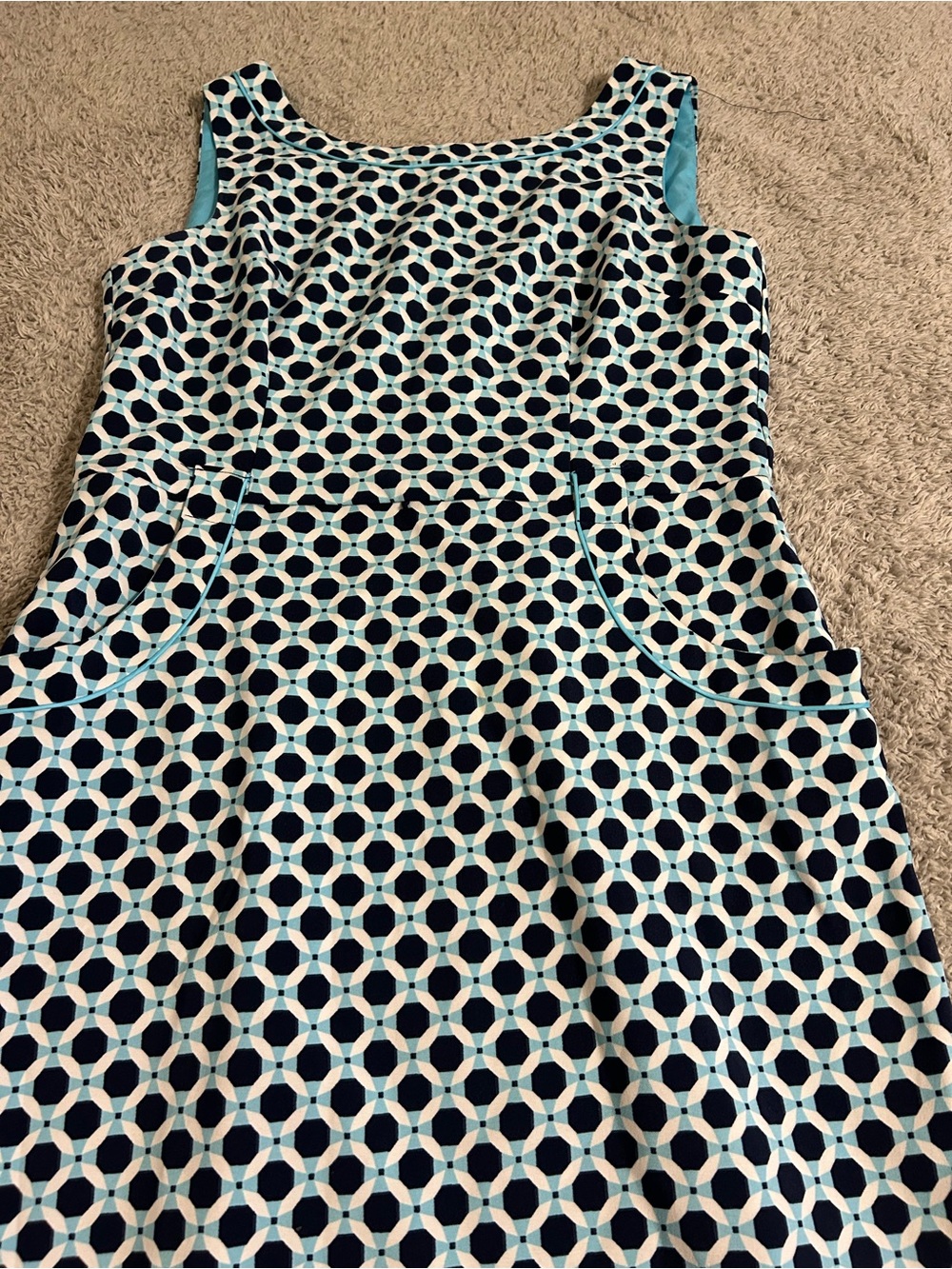 London Times Navy and Aqua Geometric Sleeveless Shift Dress